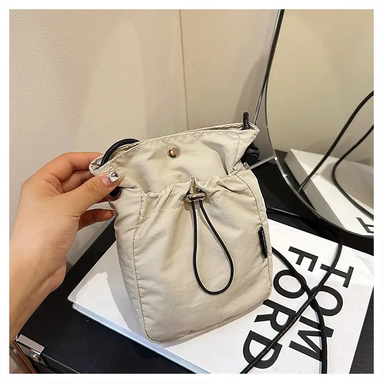 Women's Drawstring Phone Bag Beige Nylon Lightweight — feature 46