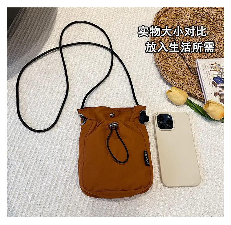 Women's Drawstring Phone Bag Beige Nylon Lightweight — feature 8