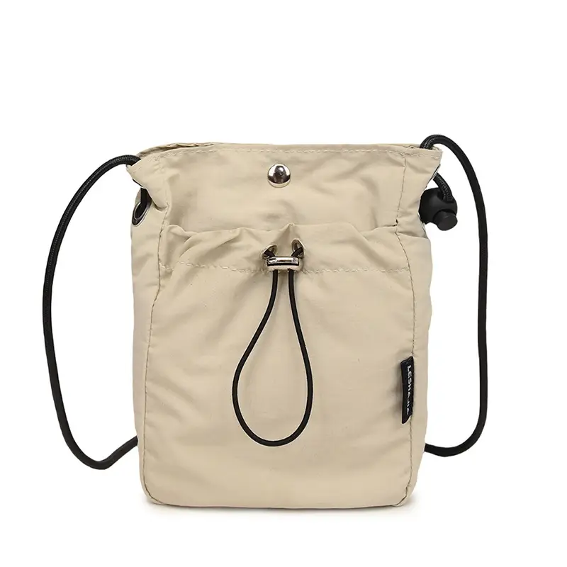 Women's Drawstring Phone Bag Beige Nylon Lightweight - Image 2