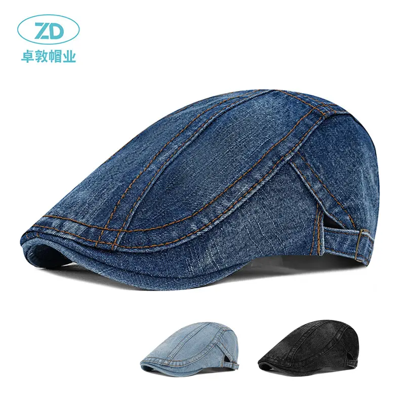 Women's Blue Cotton Denim Beret with Curved Brim - Image 5