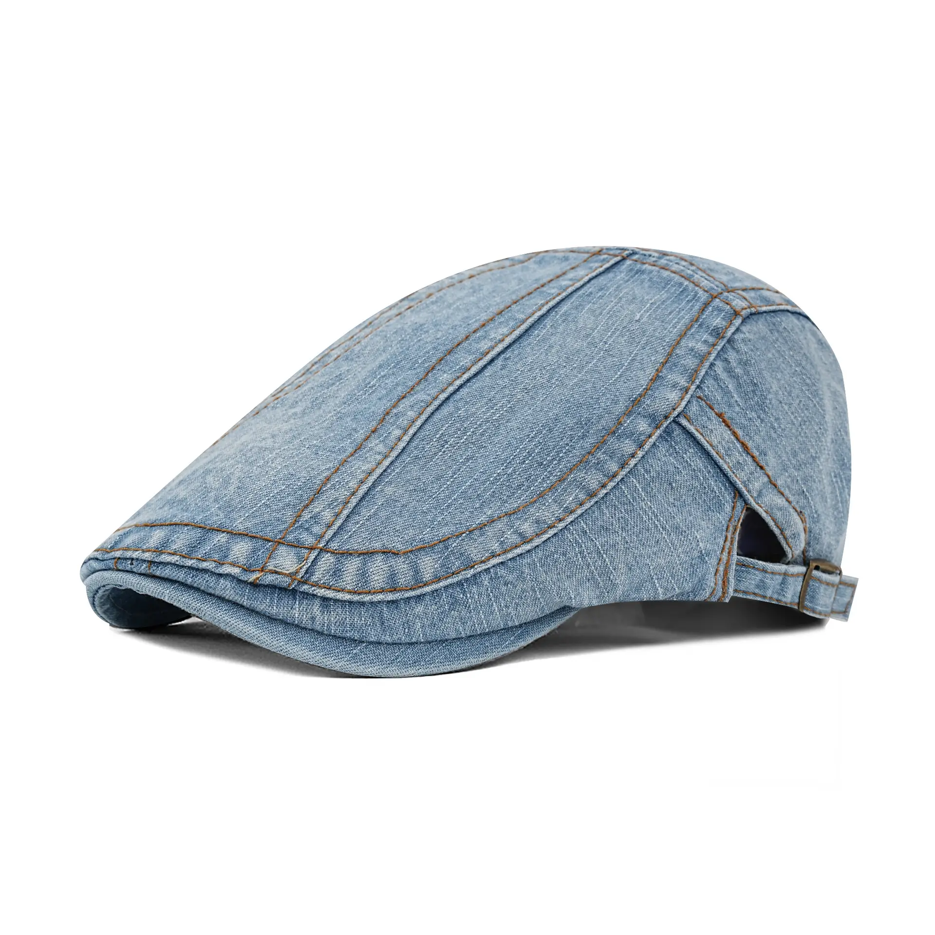 Women's Blue Cotton Denim Beret with Curved Brim - Image 2