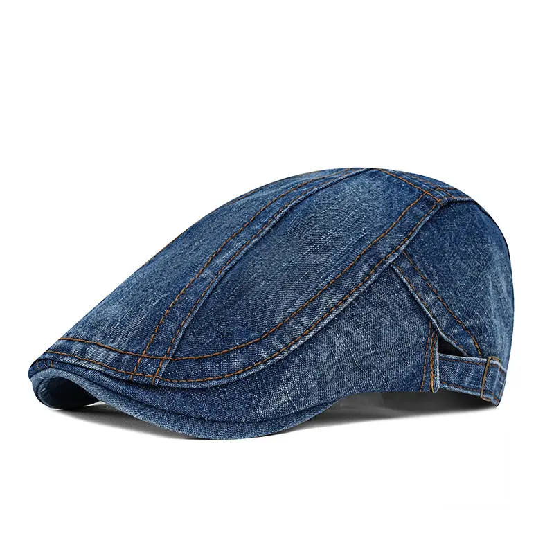 Women's Blue Cotton Denim Beret with Curved Brim - Image 3