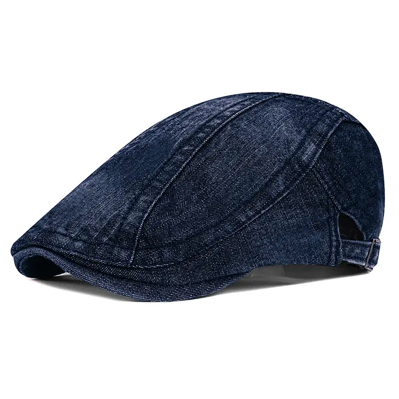 Women's Blue Cotton Denim Beret with Curved Brim - Image 4