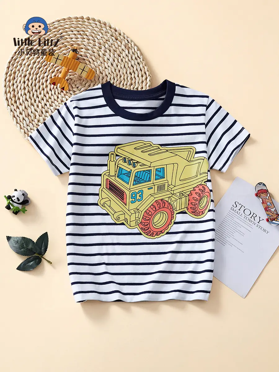 2025 Kids Striped T-Shirt Boys Round Neck Half Sleeve European American Cartoon Print - Image 2