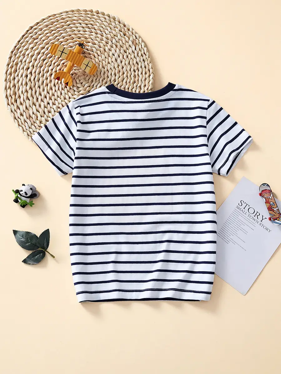 2025 Kids Striped T-Shirt Boys Round Neck Half Sleeve European American Cartoon Print - Image 3