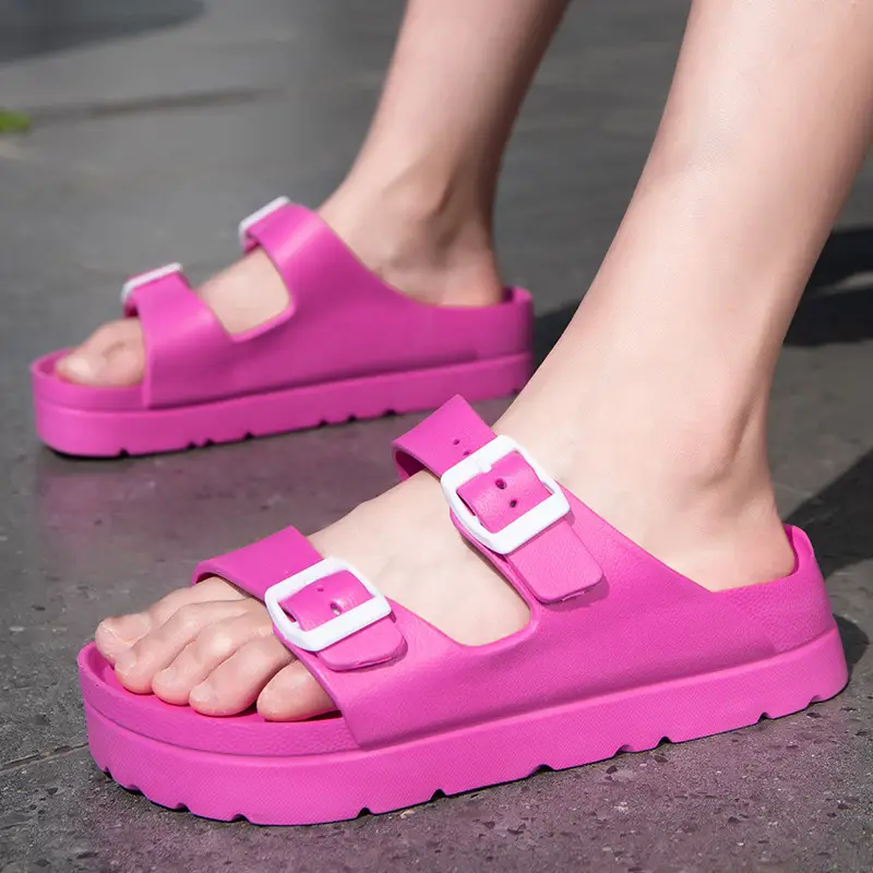 Women's Thick-Soled Slippers, Birkenstock-Style Double-Strap Height-Increasing Buckle Sandals, High-Heeled Casual Versatile Height-Increasing and Slimming Slippers