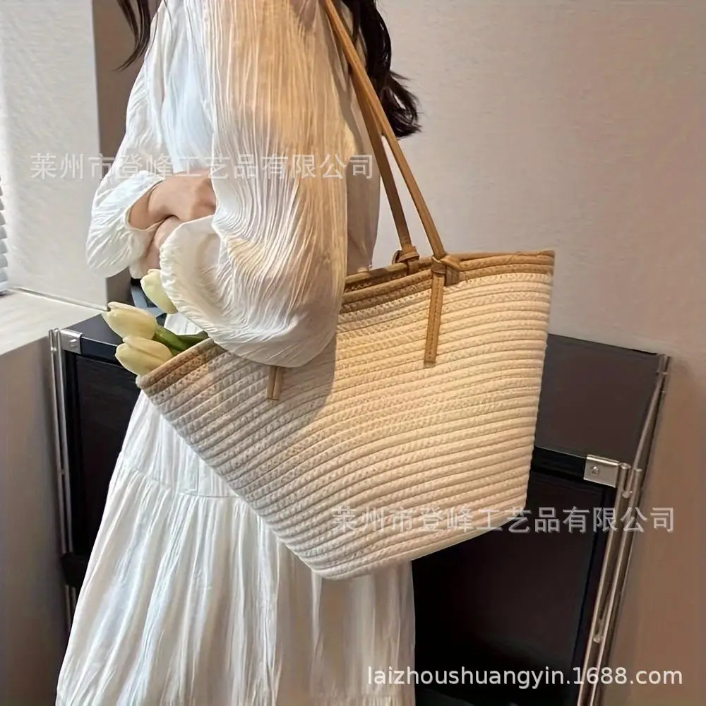 Cotton Rope Shoulder Bag with Leather Strap, 3D Large Capacity - Image 3
