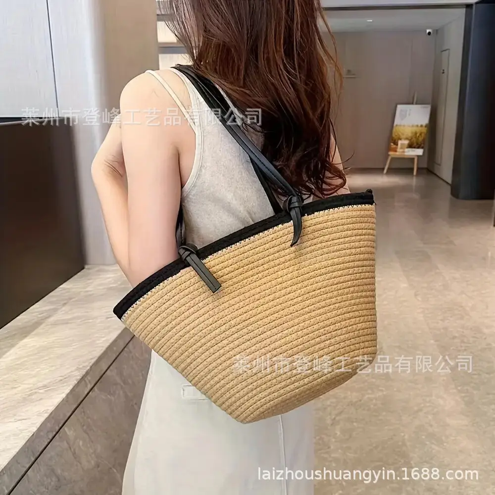 Cotton Rope Shoulder Bag with Leather Strap, 3D Large Capacity - Image 4
