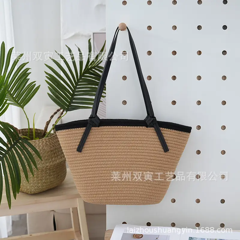 Cotton Rope Shoulder Bag with Leather Strap, 3D Large Capacity - Image 2