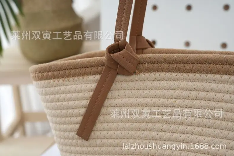 Cotton Rope Shoulder Bag with Leather Strap, 3D Large Capacity — feature 10