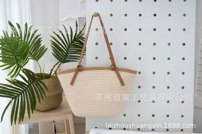 Cotton Rope Shoulder Bag with Leather Strap, 3D Large Capacity — feature 21