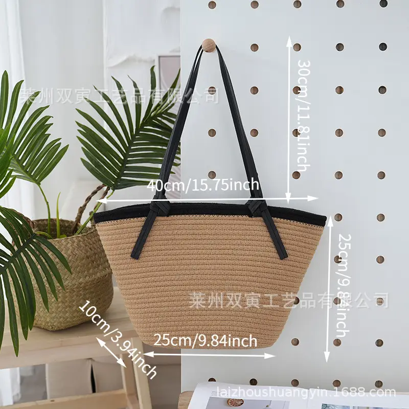 Cotton Rope Shoulder Bag with Leather Strap, 3D Large Capacity — feature 5