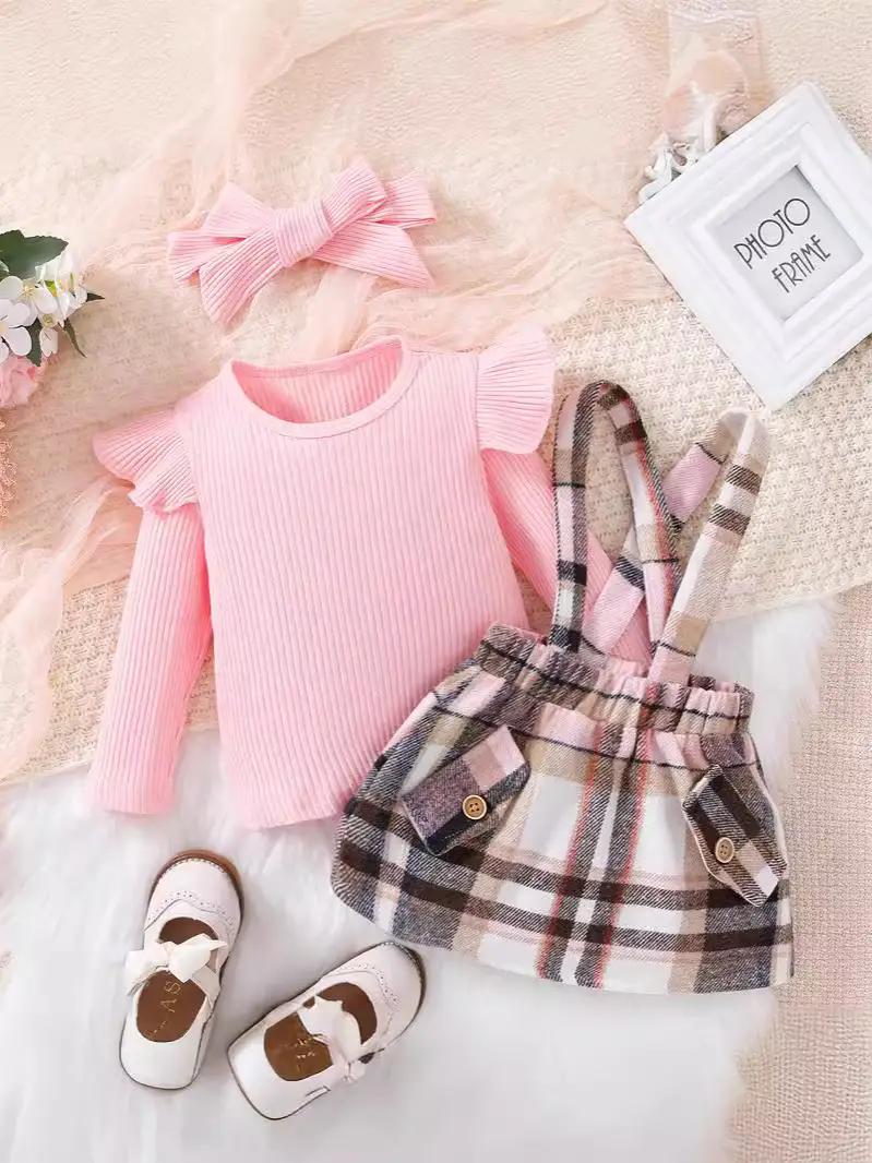 Pink Plaid Skirt & Headscarf Set for Girls