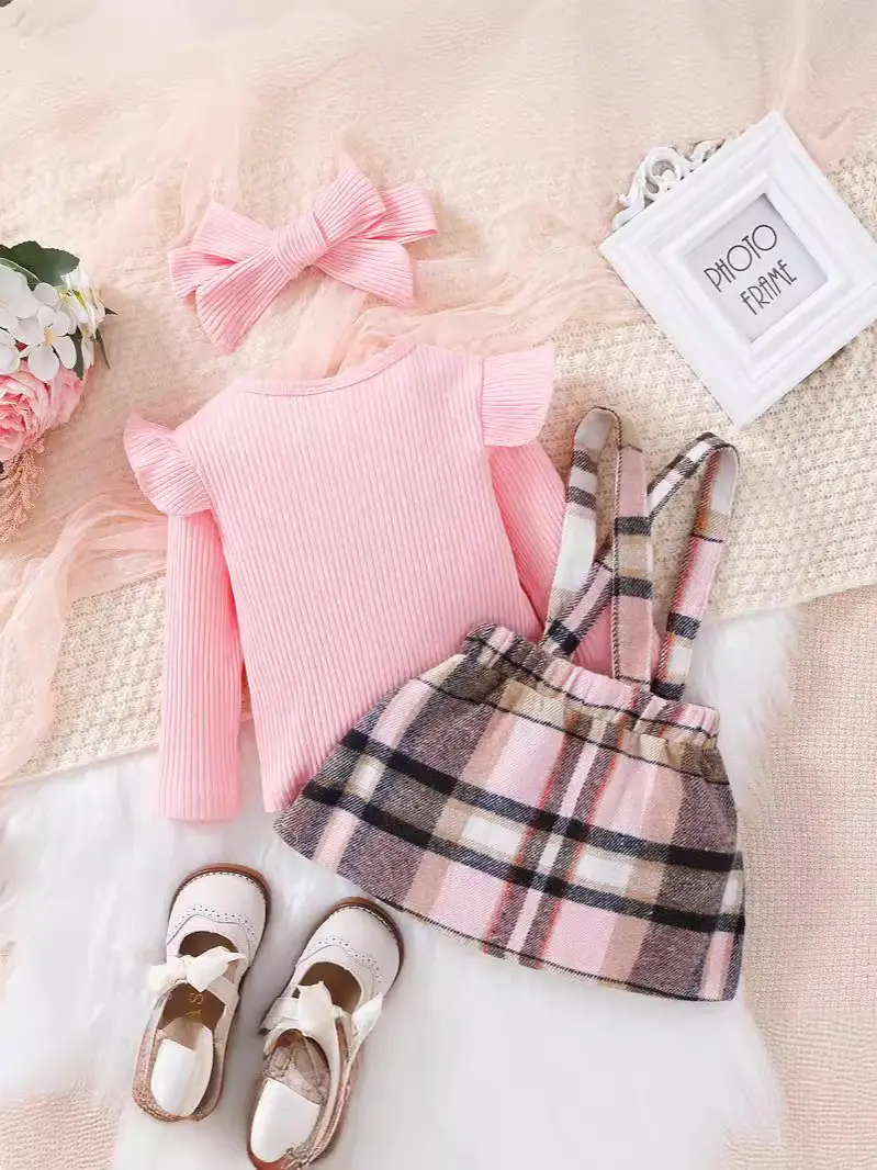 Pink Plaid Skirt & Headscarf Set for Girls