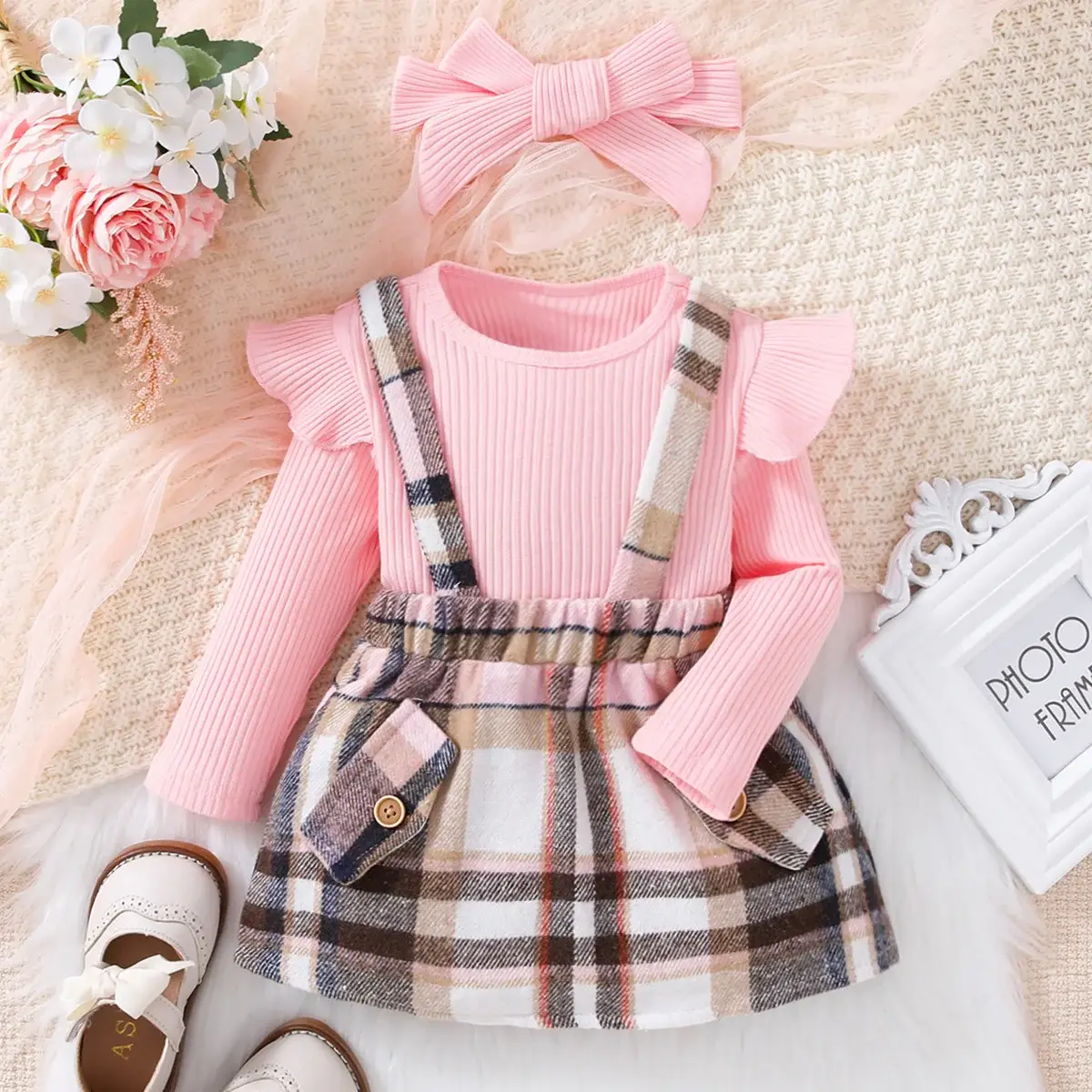 Pink Plaid Skirt & Headscarf Set for Girls — feature 1