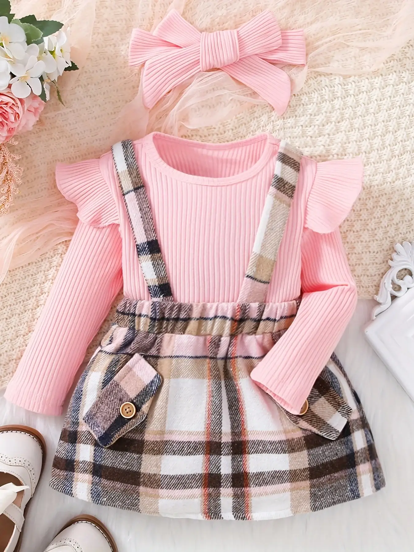 Pink Plaid Skirt & Headscarf Set for Girls — feature 10