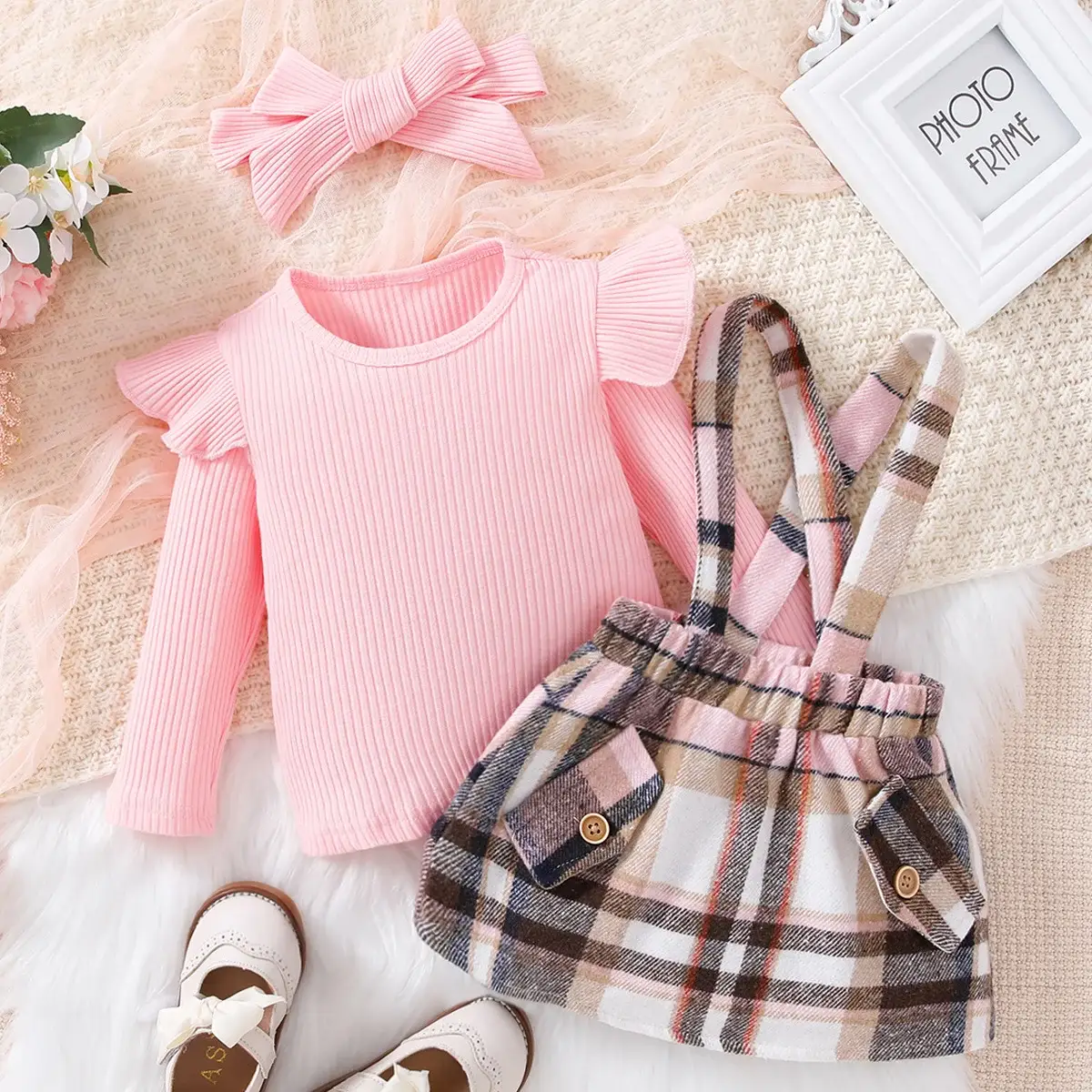 Pink Plaid Skirt & Headscarf Set for Girls — feature 7