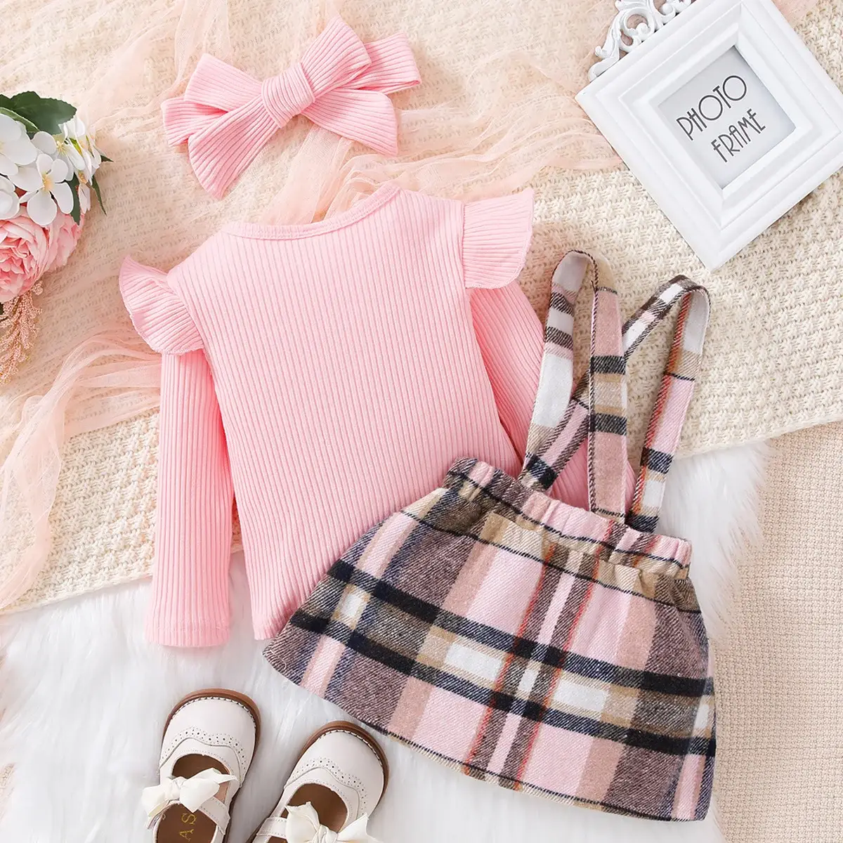 Pink Plaid Skirt & Headscarf Set for Girls — feature 8