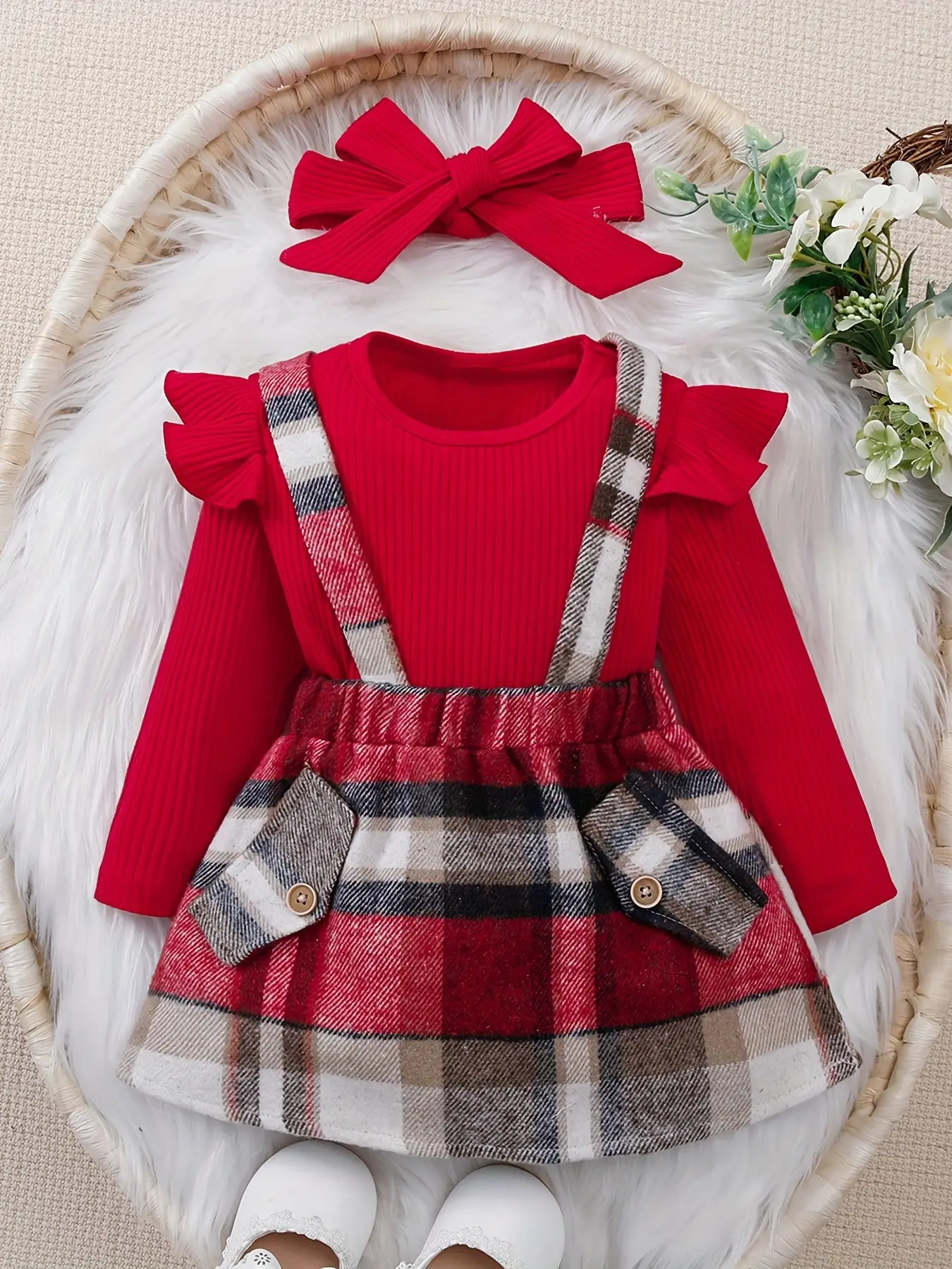 Pink Plaid Skirt & Headscarf Set for Girls