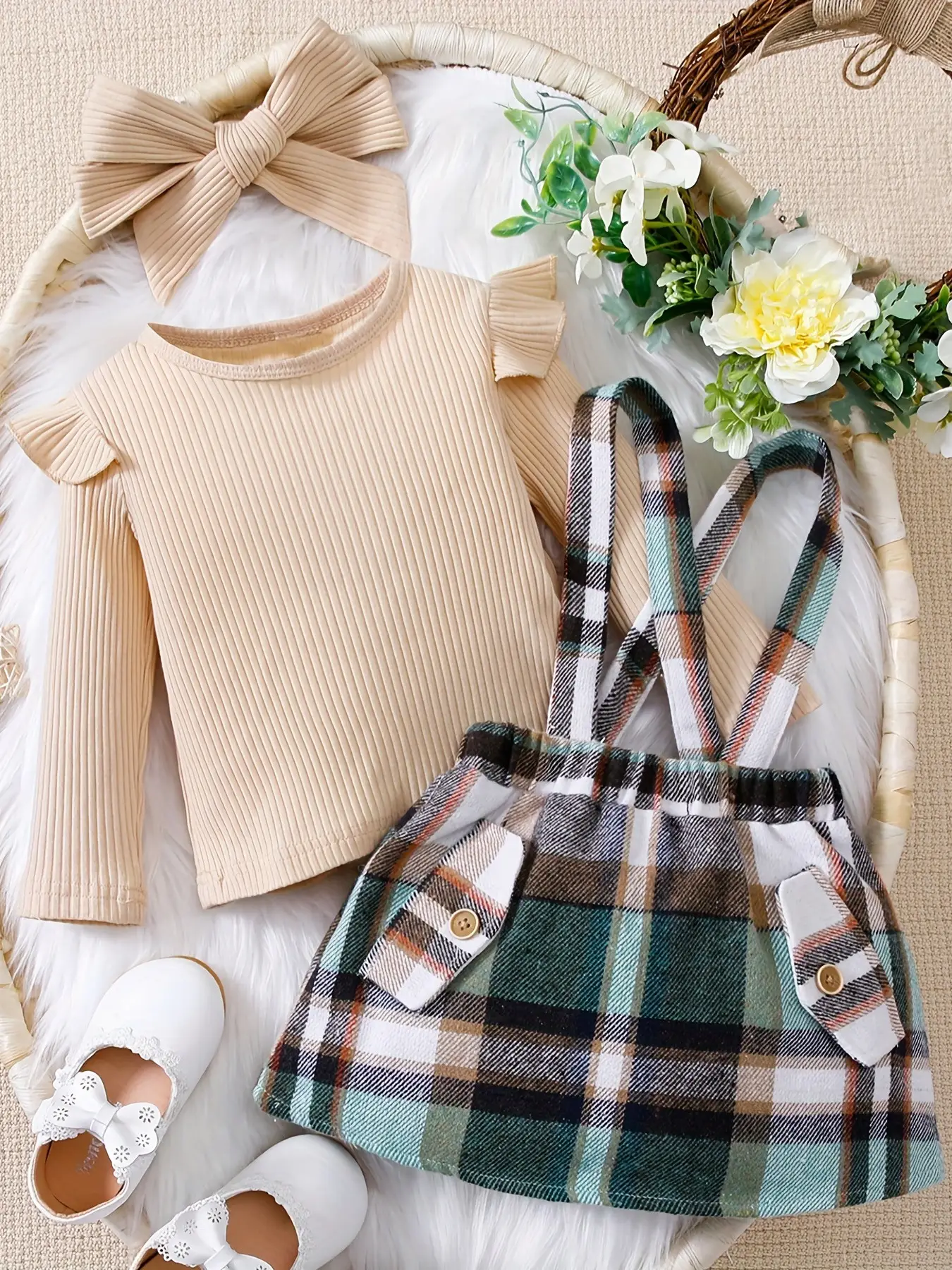 Pink Plaid Skirt & Headscarf Set for Girls