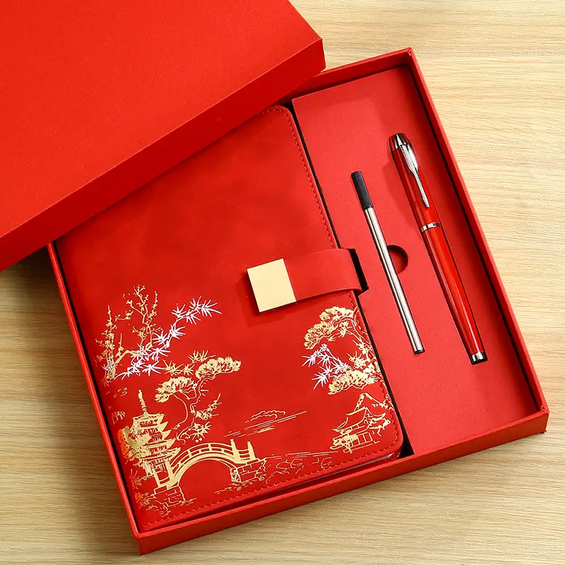 Red Gift Box Set with Pen & Notebook for Business & Cultural Use