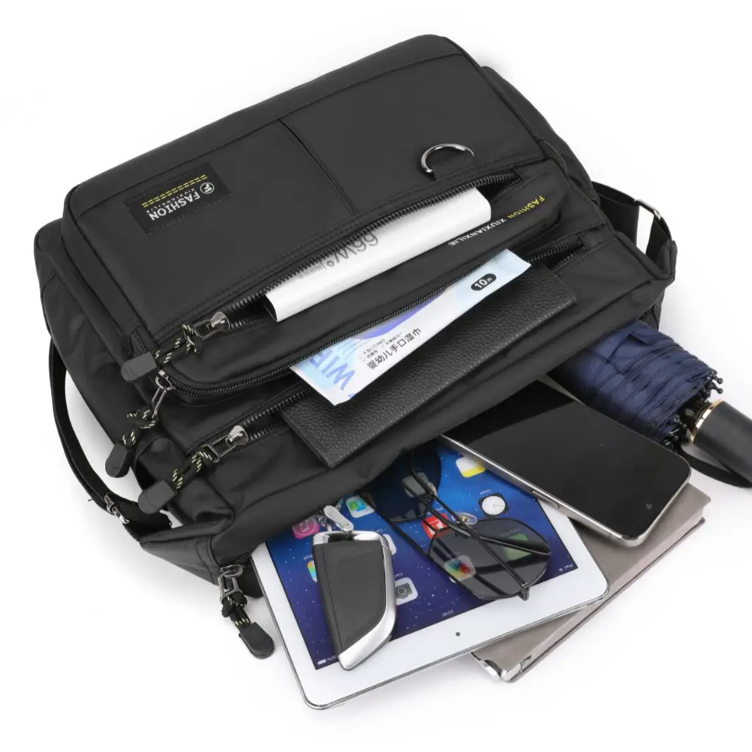Men's Black Shoulder Bag with Zip Pocket