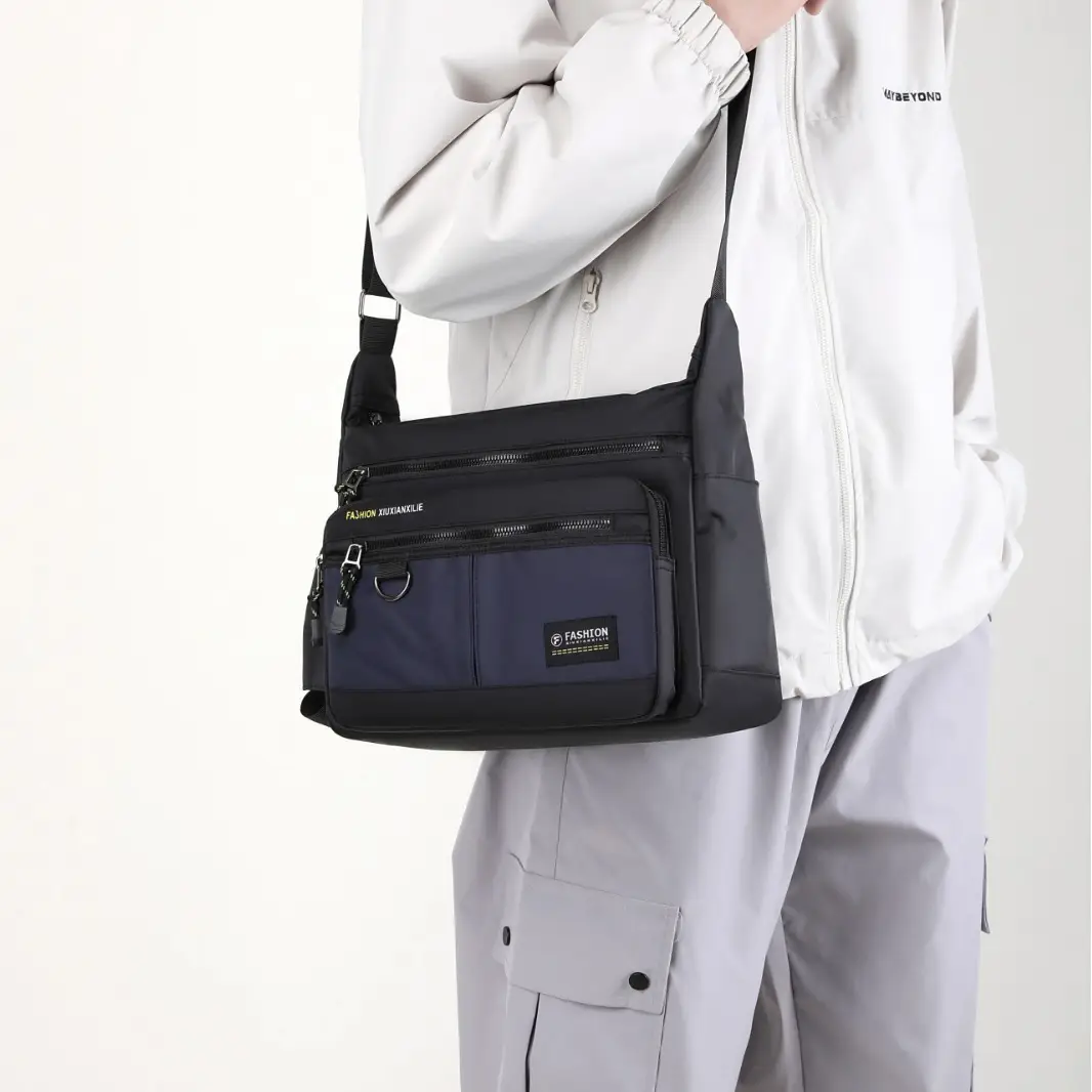 Men's Black Shoulder Bag with Zip Pocket