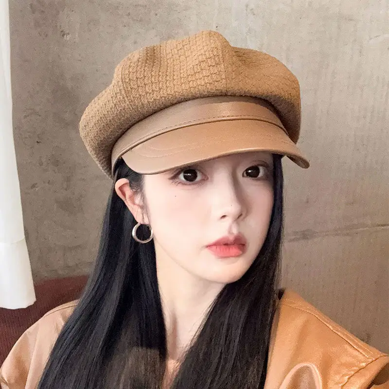 Vintage Houndstooth Leather Cap for Women Brown - Image 5
