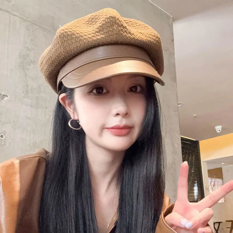 Vintage Houndstooth Leather Cap for Women Brown - Image 6