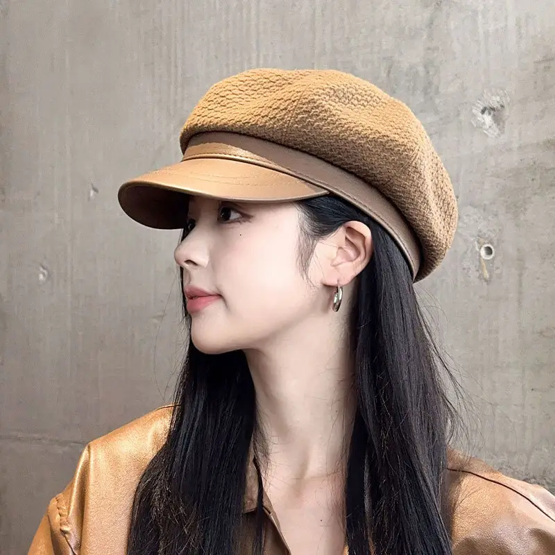 Vintage Houndstooth Leather Cap for Women Brown - Image 7