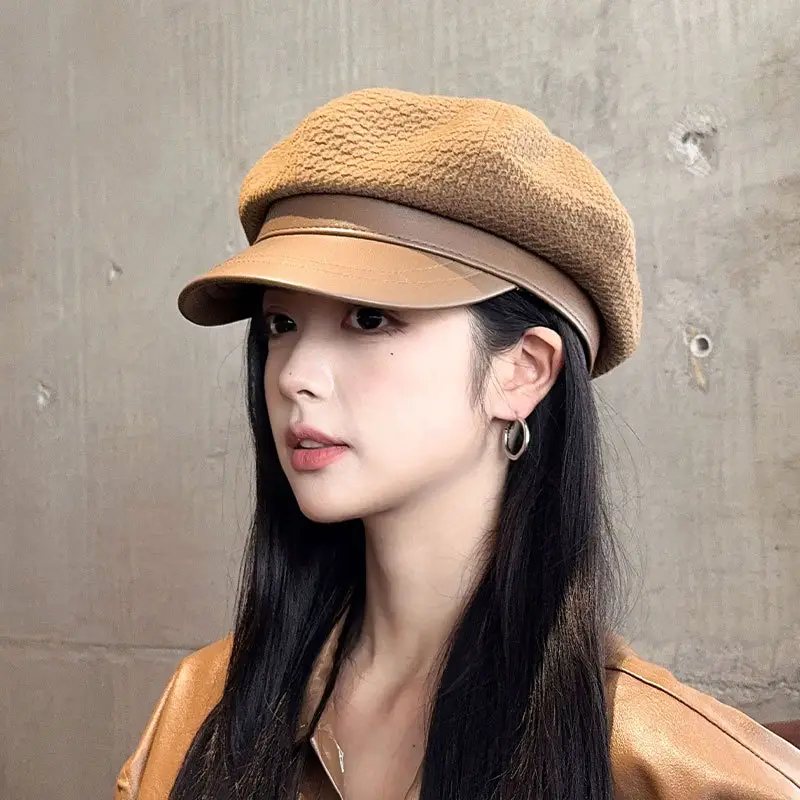 Vintage Houndstooth Leather Cap for Women Brown - Image 8