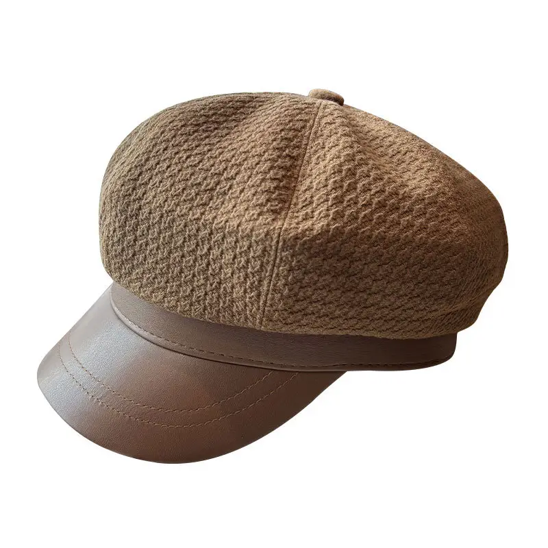 Vintage Houndstooth Leather Cap for Women Brown - Image 9