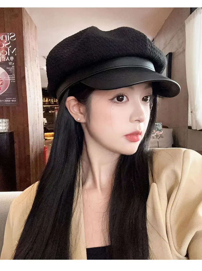 Vintage Houndstooth Leather Cap for Women Brown — feature 11
