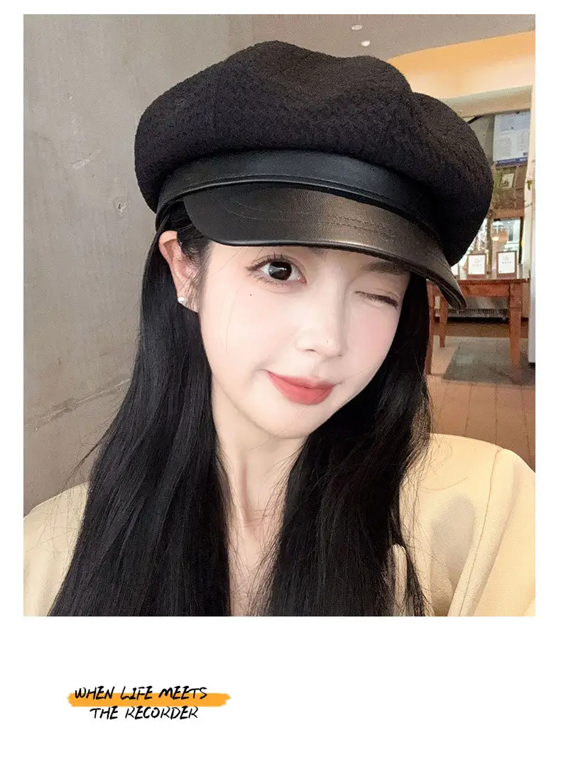 Vintage Houndstooth Leather Cap for Women Brown — feature 12