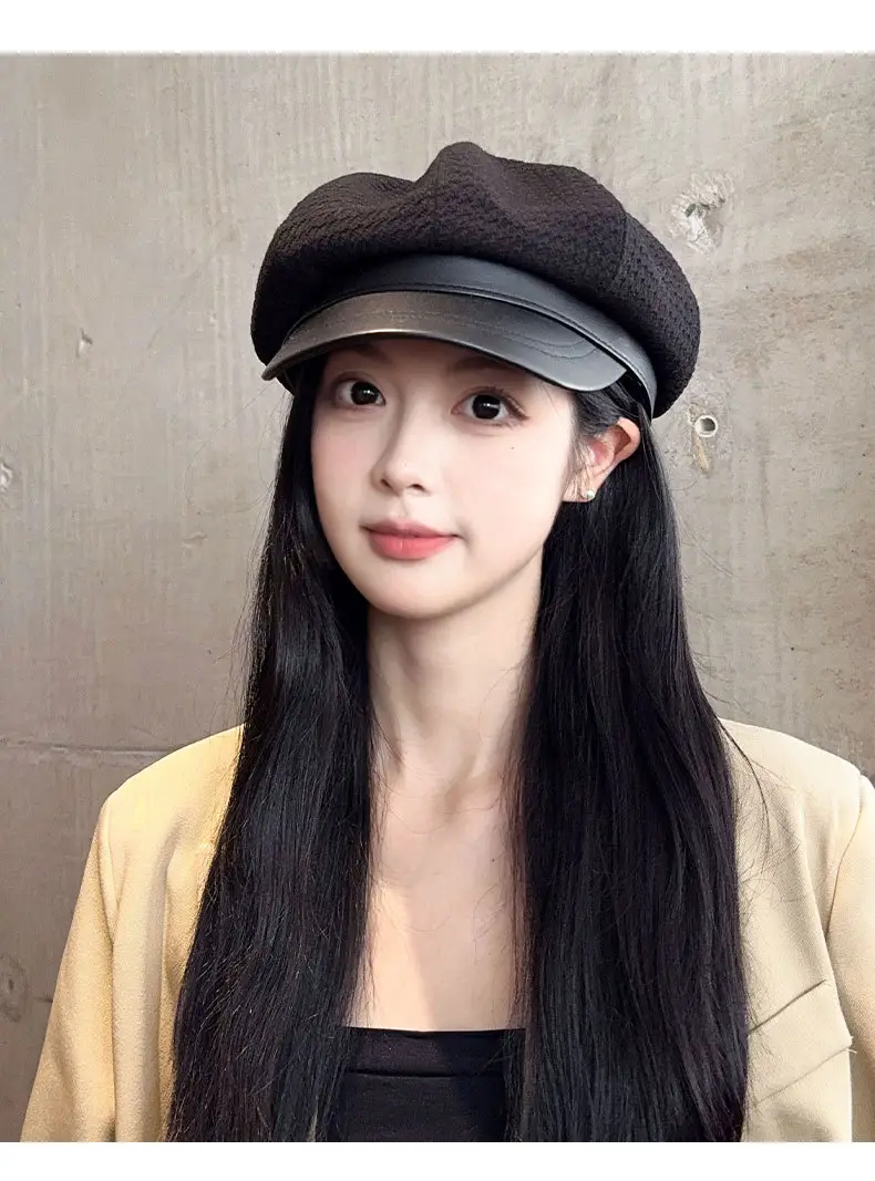 Vintage Houndstooth Leather Cap for Women Brown — feature 13
