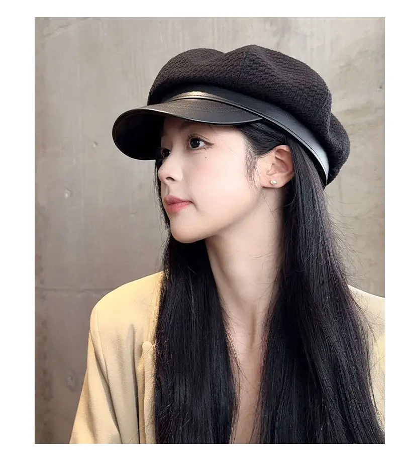 Vintage Houndstooth Leather Cap for Women Brown — feature 14