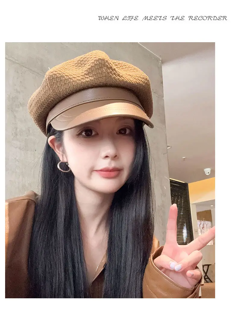 Vintage Houndstooth Leather Cap for Women Brown — feature 15