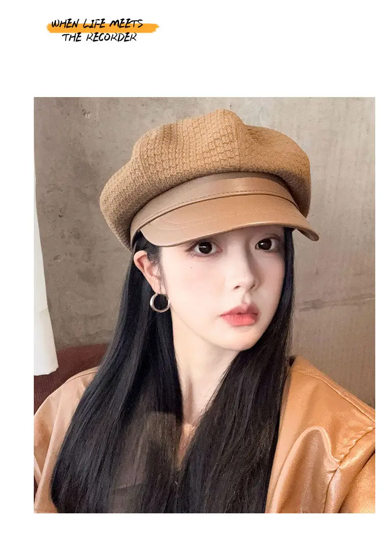 Vintage Houndstooth Leather Cap for Women Brown — feature 16