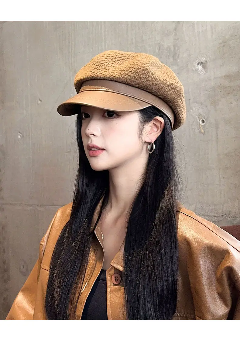 Vintage Houndstooth Leather Cap for Women Brown — feature 17