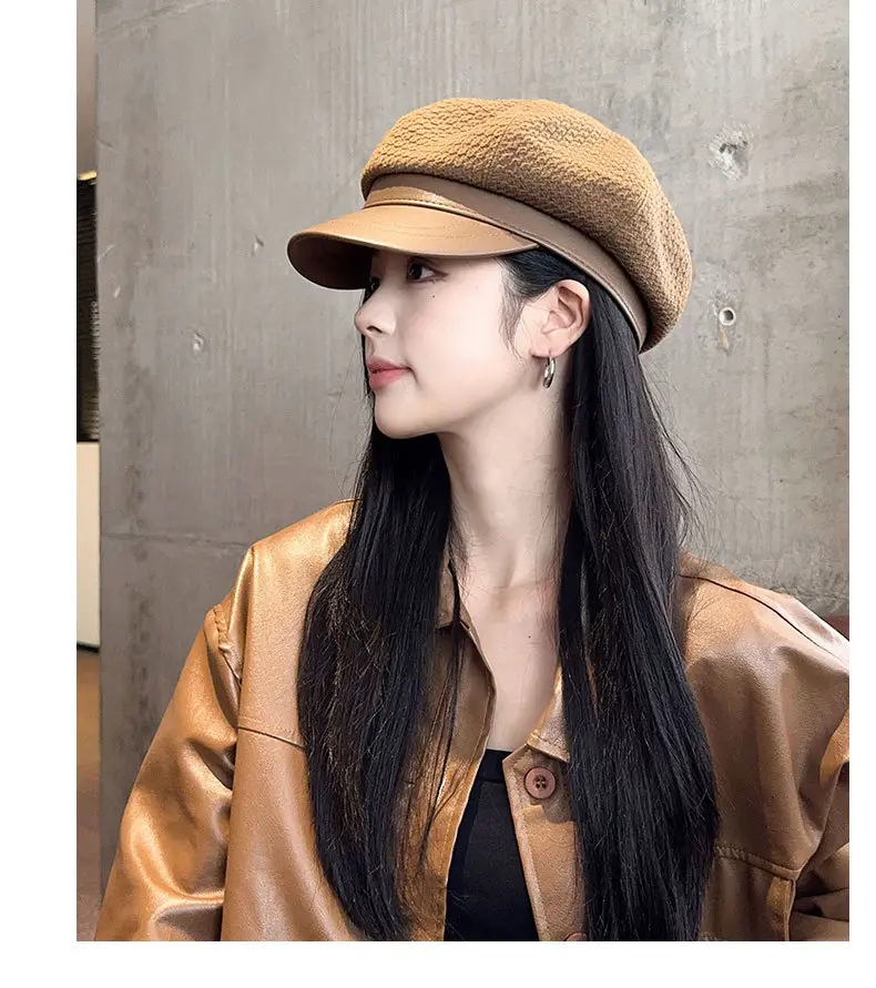 Vintage Houndstooth Leather Cap for Women Brown — feature 18