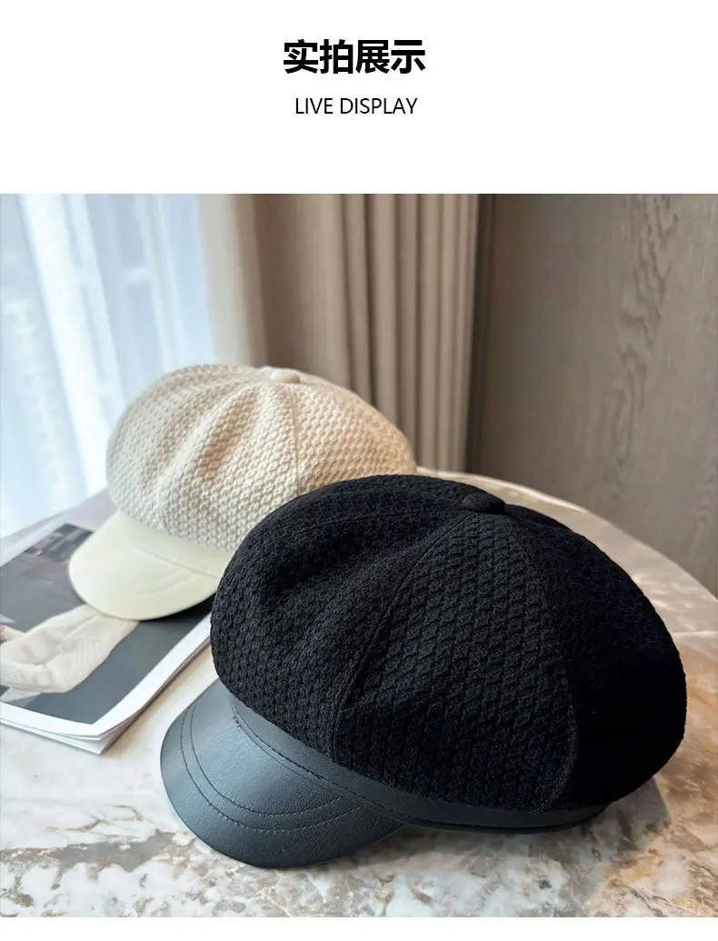 Vintage Houndstooth Leather Cap for Women Brown — feature 19