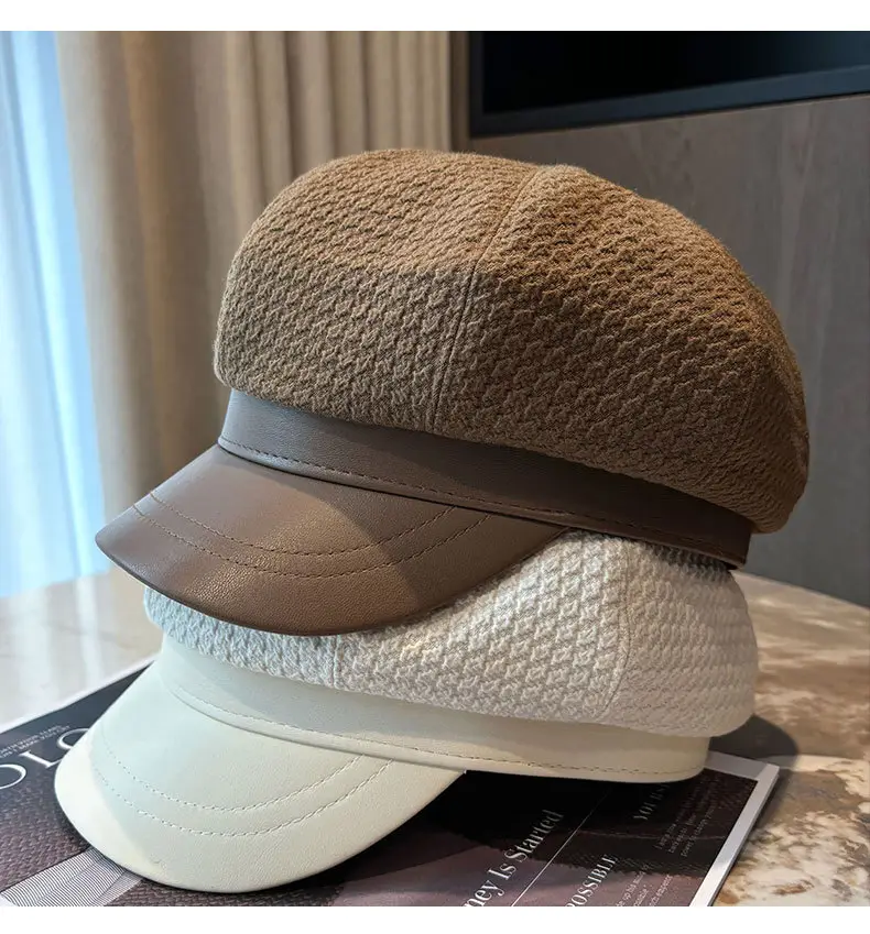 Vintage Houndstooth Leather Cap for Women Brown — feature 20
