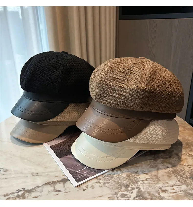 Vintage Houndstooth Leather Cap for Women Brown — feature 21