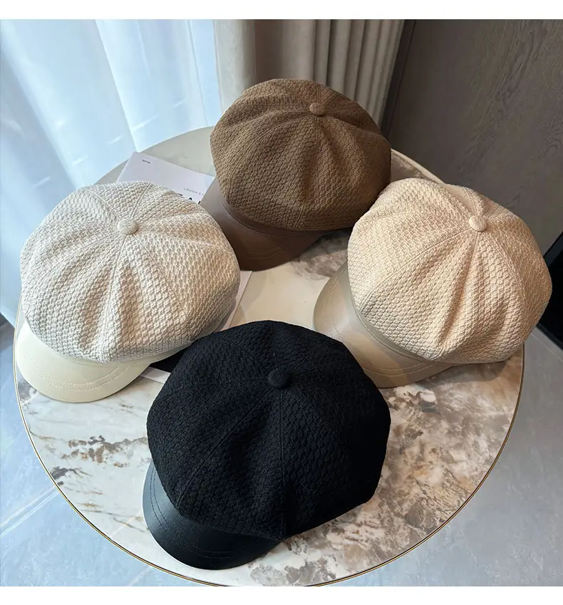 Vintage Houndstooth Leather Cap for Women Brown — feature 22
