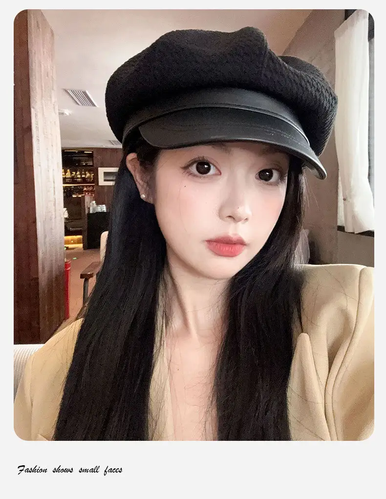Vintage Houndstooth Leather Cap for Women Brown — feature 5