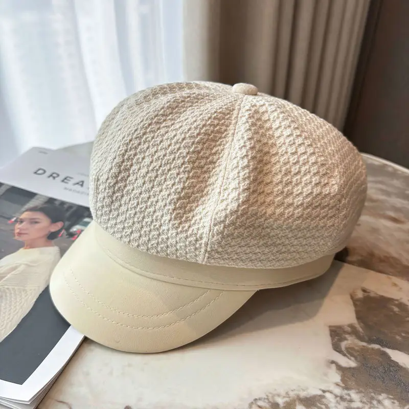 Vintage Houndstooth Leather Cap for Women Brown - Image 2