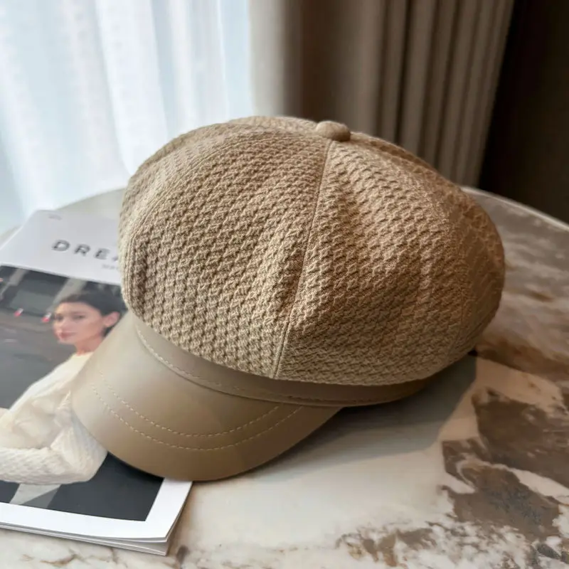 Vintage Houndstooth Leather Cap for Women Brown - Image 3