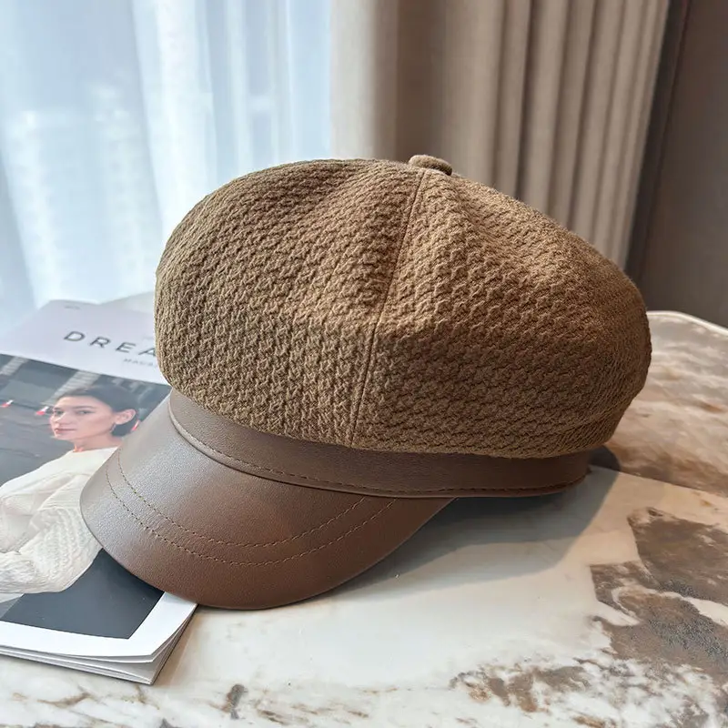 Vintage Houndstooth Leather Cap for Women Brown - Image 4
