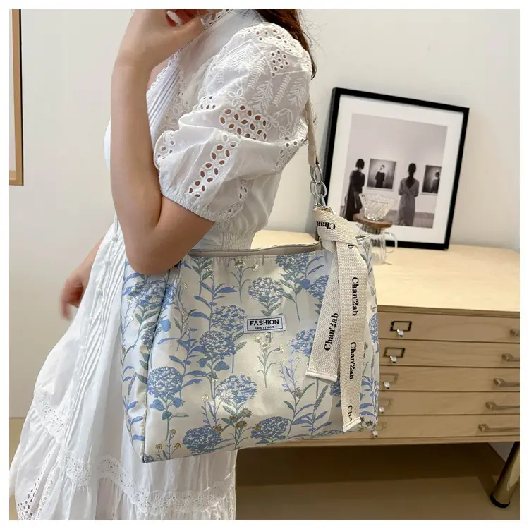 Women's Blue Floral Tote Bag Large Capacity Shoulder Bag - Image 5