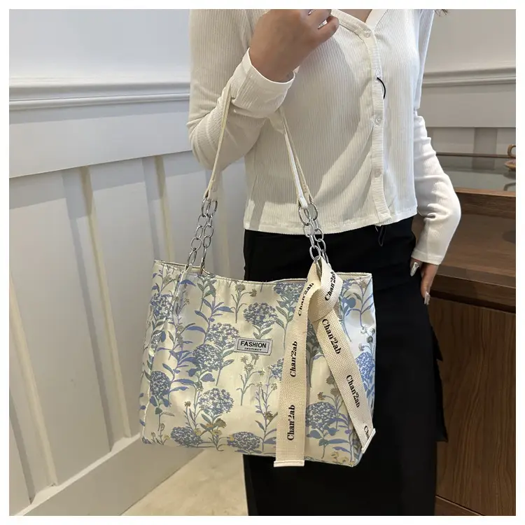 Women's Blue Floral Tote Bag Large Capacity Shoulder Bag — feature 10